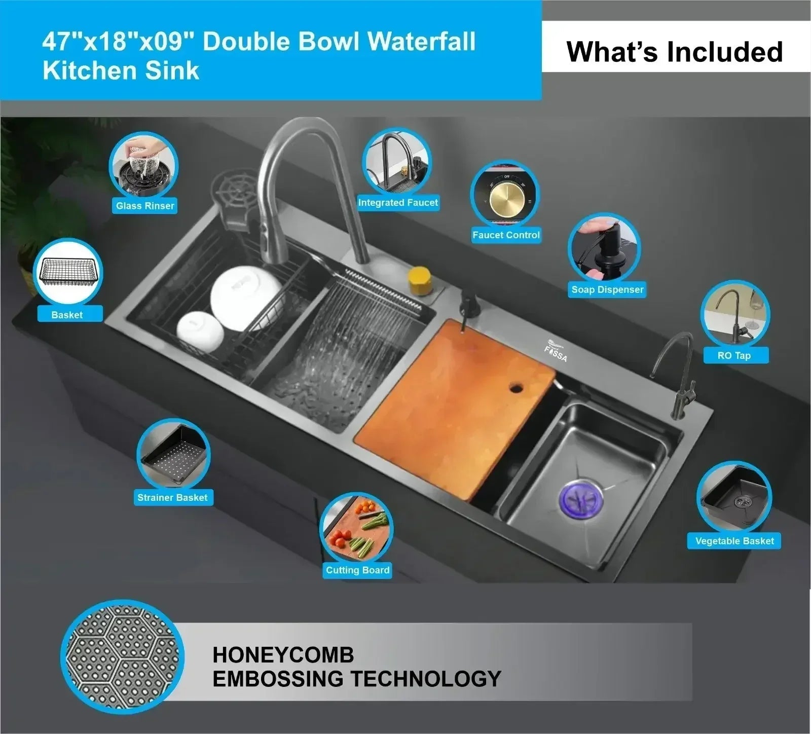 304  black Stainless Steel Smart Waterfall Kitchen Sink (47"x18"x10")